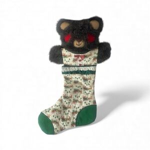Vintage Homemade Christmas Stocking Brown Teddy Bear  Red Green Polka Dot Lace